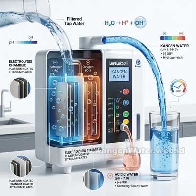 Ilustrasi proses ionisasi air pada mesin Enagic Kangen Water